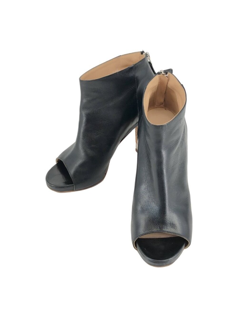 Chanel Leather CC Logo Open Toe Ankle Heels Boots 37C Black